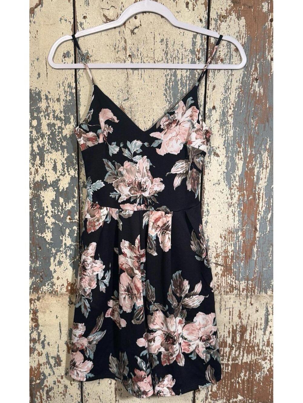 Soprano Fit Flare Black Pink Floral Spaghetti Strap Mini dress, size Small - Picture 2 of 6